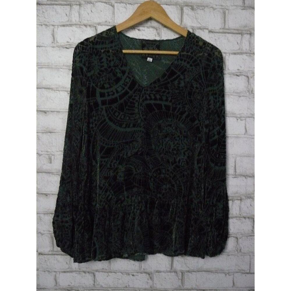 $250 Jade by Johnny Was Green Velvet Burnout Tiered Vneck Top XS NEW